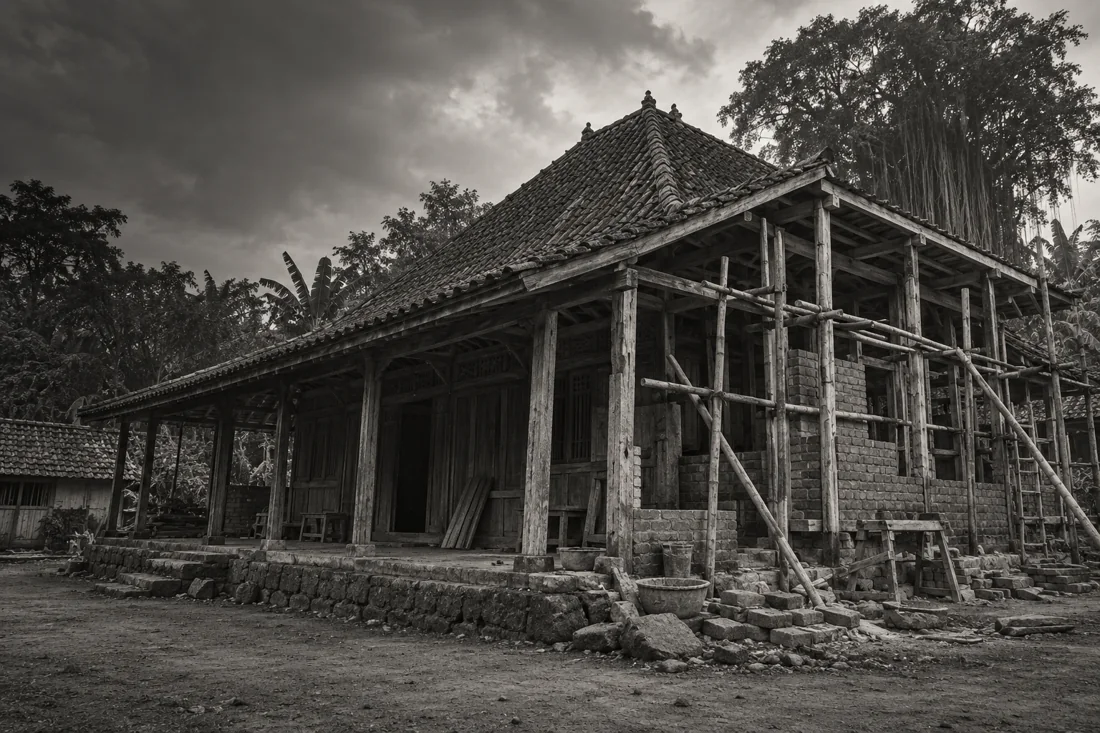 Ilustrasi rumah Jawa dengan bagian yang sedang dibangun kembali.