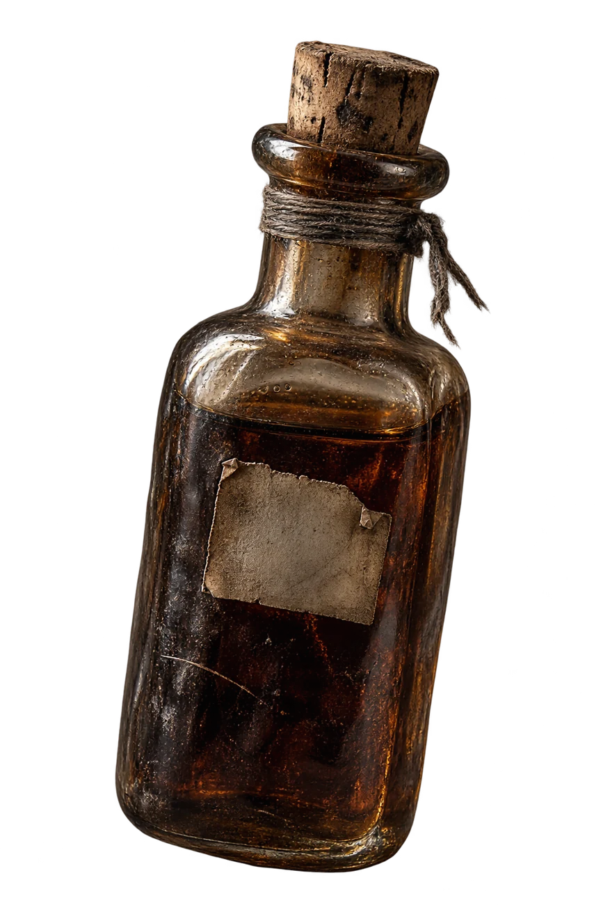 Ilustrasi botol kaca tua berisi minyak gelap, dengan penutup gabus dan ikatan benang.